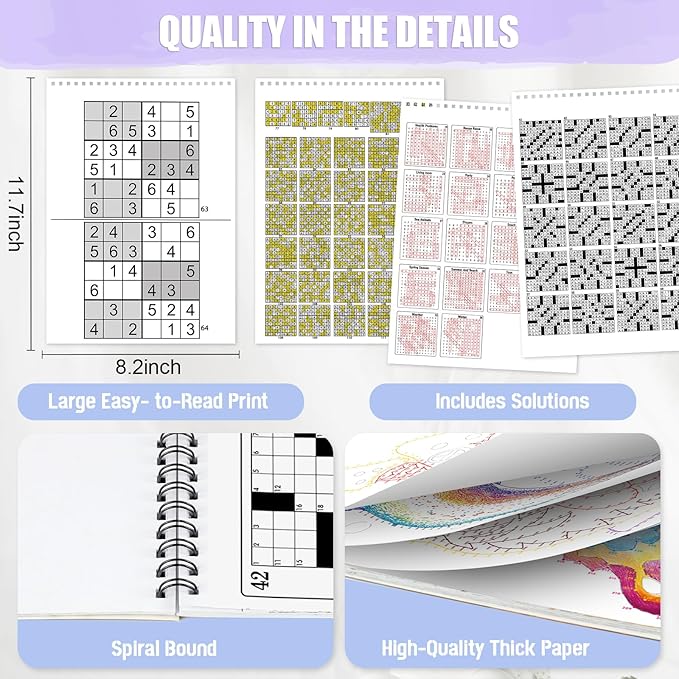 Vashly Large Print 300+ Memory Activities for Seniors: 5-in-1 Set Brain Exercise Books with Sudoku, Crossword, Word Hunt, Dot to Dot, A4 Thick Paper Spiral Bound, Gift for Elderly Adults