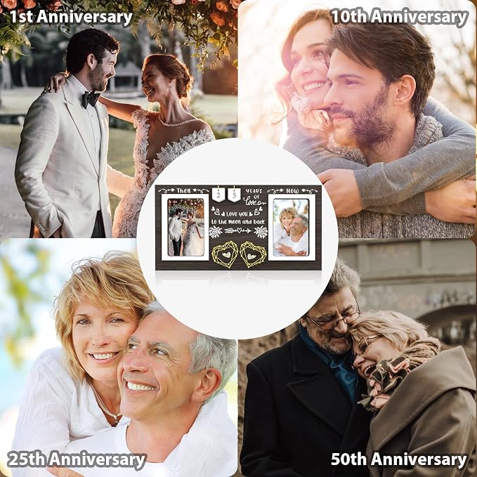 Then & Now Anniversary Picture Frame - 1-99 Years Anniversary Wedding Gift for Couple, Engagement Bridal Shower Gifts for Couples Wood Photo Frame Holds 2 4x6 Inches Photos