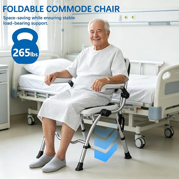 3 in 1 Folding Bedside Commode Chair,No-Assembly Foldable Shower Chair for Inside Shower with Arms and Back,Portable Toilet for Adults Elderly,Adjustable Height Raised Toilet Seat with Handles
