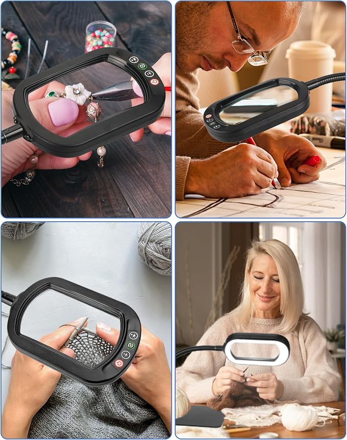 IVMAIE 12X Magnifying Glass with Light and Stand LED Magnifier with Light Hands Free Lighted Magnifying Desk Lamp Dimmable for Close Work Craft Read Cross Stitch Sewing Repair Hobby Rectangular