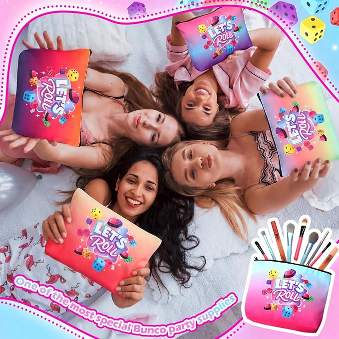 12 Pcs Bunco Gifts for Women Bunco Makeup Bags Let's Roll Dice Game Makeup Bags Casino Lover Gifts Travel Zipper Pouch Dice Game Present Birthday Present for Women Players
