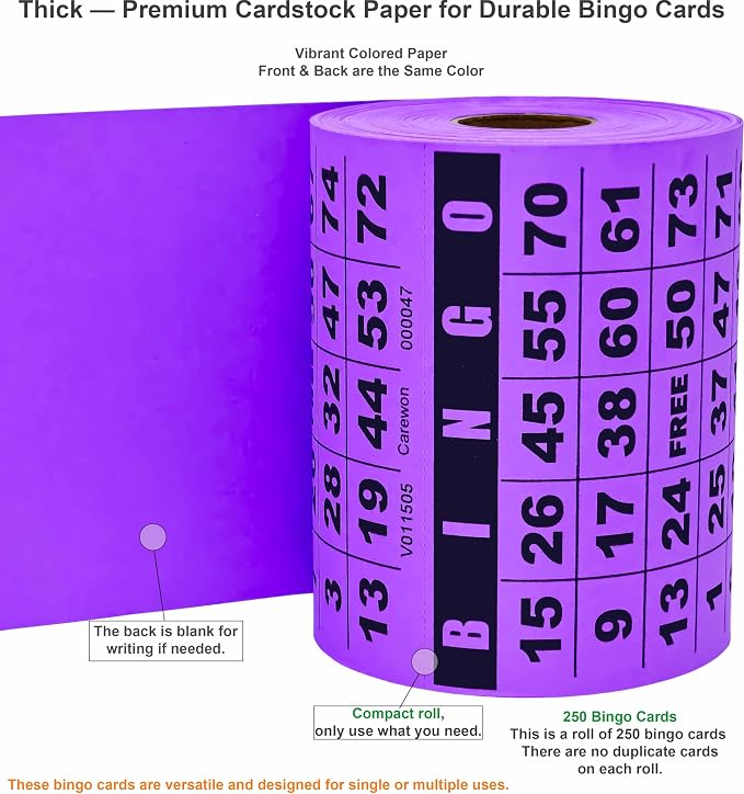 250 Bingo Cards, Large 4.5 x 4.5 Inch, Purple, Paper Bingo Sheets | 8 Color Options, Premium Cardstock, Disposable with Daubers or Reusable with Chips — Proudly Made in USA