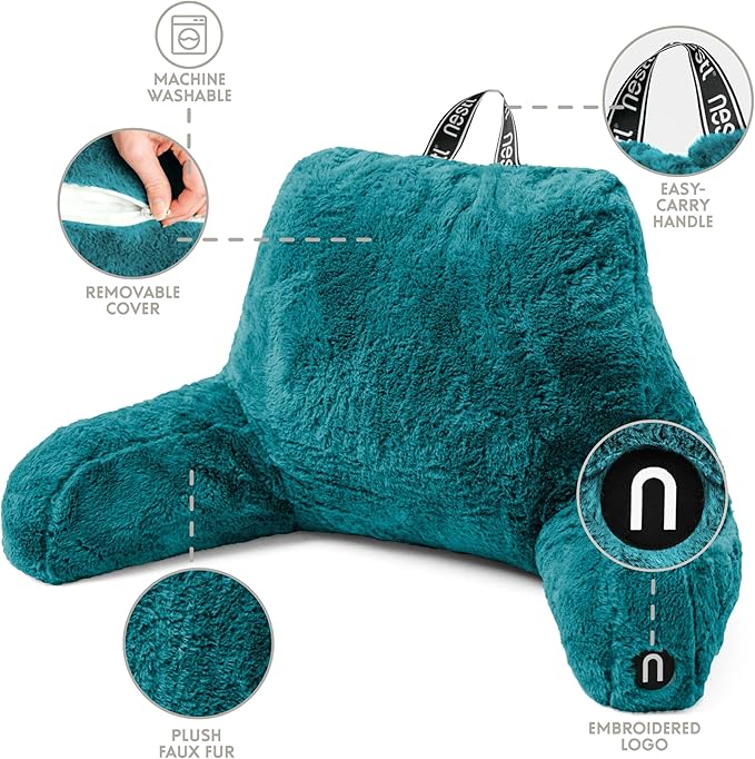 Nestl Fur Reading Pillow with Laptop Lap Desk, Stylish Back Pillow for Sitting Up, Lap Desk with Reading Pillows for Sitting in Bed Adult & Kids, Faux Fur Chair Pillow with Arms - Teal