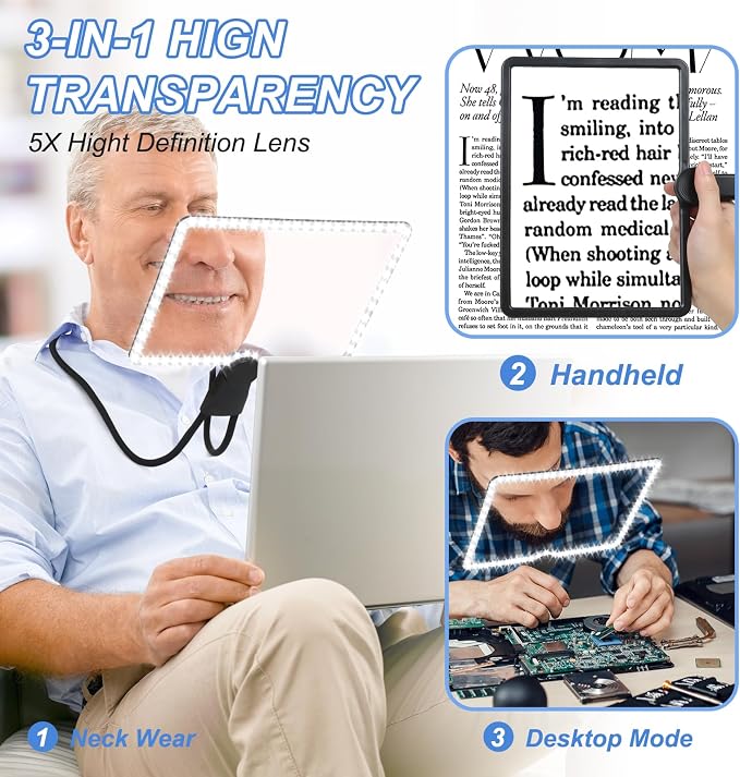 5X Large Hands Free Magnifying Glass with Light Full Page Magnifier for Reading with 50 Ultra-Bright LEDs and Flexible Gooseneck Neck Magnifying Glass with Light for Cross-Stitching Sewing Elderly