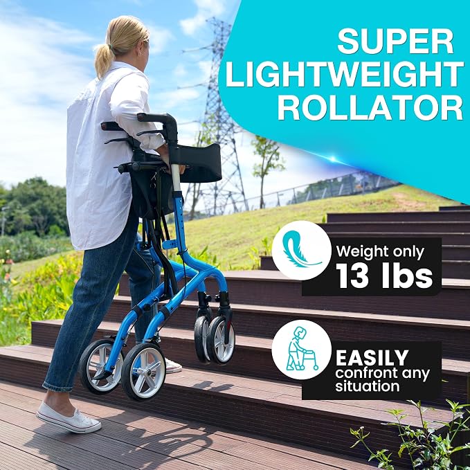 PLANET WALK Super Lightweight Rollator Walker for Seniors, Foldable Rolling Walker with Seat and 8" Rubber Wheels for All Terrain, Unique Design Aluminium Frame Sturdy Walkers for Traveling - Blue