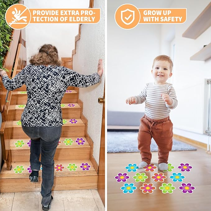 Non Slip Bathtub Stickers, 20 PCS Shower Stickers for Safety Bathroom Tubs, Bathtub Non Slip Stickers and Adhesive Decals Scraper for Bath Tub, Shower Floor(Bright Flowers)