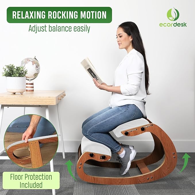 Ergonomic Kneeling Chair, Adjustable Seat - Office Chair for Desk, Posture Corrector, Premium Comfort Cushion, Wooden Rocking Knee Chair (Pecan)