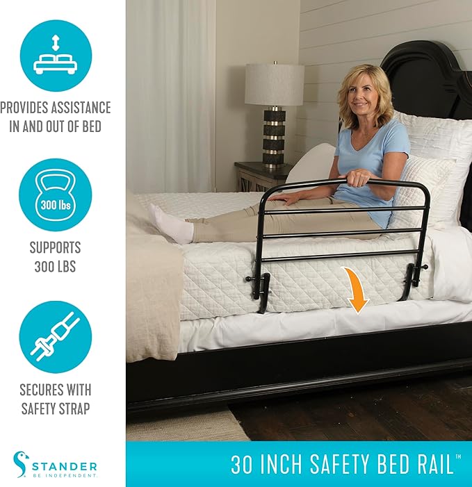 Stander 30 inch Safety Bed Rail, Folding Guardrail for Adults, Seniors, and Elderly, Bedside Stand Assist Bar, Fits King, Queen, Full, and Twin Beds, ASTM Safety Approved Bedrail