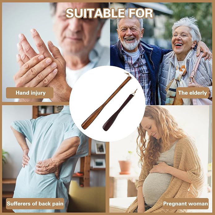 15'' Shoe Horn Long Handle for Seniors Men Women 9.7'' Short Shoes Spoon for Kids Wooden Shoehorn Boot Helper for Elderly Family Pregnant Travel 2PCS Set, Brown+ Wine