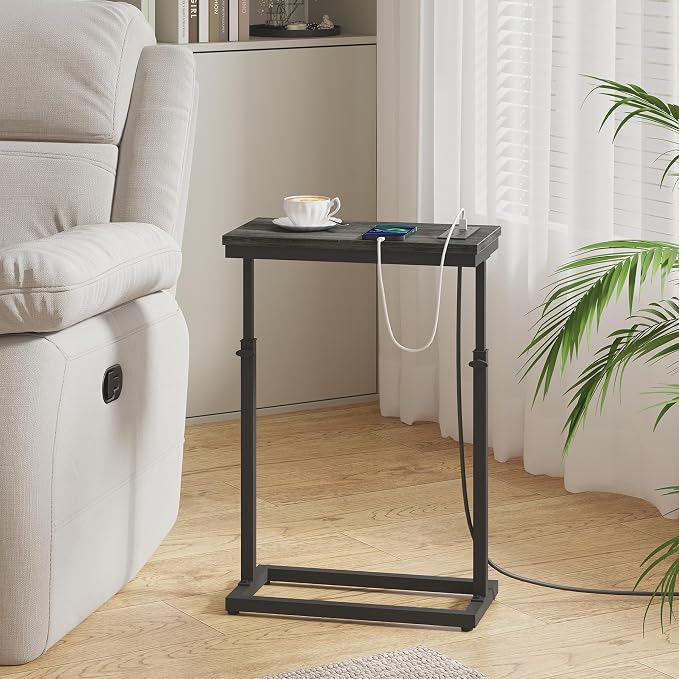 TUTOTAK End Table with Charging Station, Side Table, Tall Couch Table | Sofa Table, for living Room, Bedroom, Grey TB01BY084