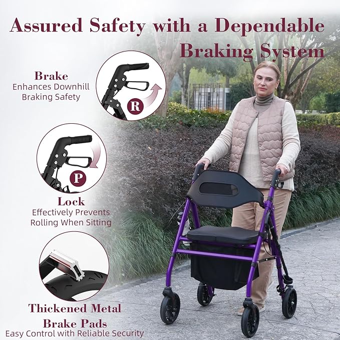 Walkers for Seniors, Foldable Rollator Walker with Seat, 8" Big Wheels, Lightweight Rollator Walker with Ergonomic Backrest, Adjustable Handles and Seat Height, 310 Lbs Weight Capacity, Purple