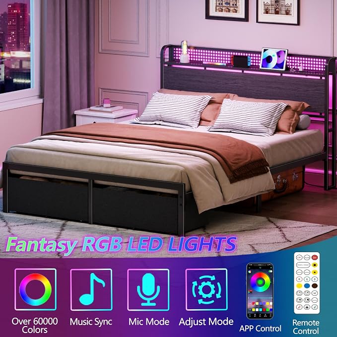 Full Size Bed Frame with Headboard, Charging Station, 2 Drawers | 2-Tier Wood Shelves,LED Lights,1200 Lbs Capacity,USB & Type-C Ports,No Box Spring Needed,Noise Free,Easy Assembly,Rustic Grey