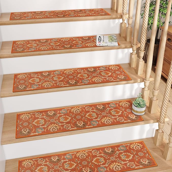 Lahome Carpet Stair Treads Non Slip Backing, Orange 15 Pack Stair Treads | 8" X 30" Stair Treads for Wooden Steps Indoor, Soft Washable Stair Runners Oriental Staircase Rugs for Kids Pets Elders