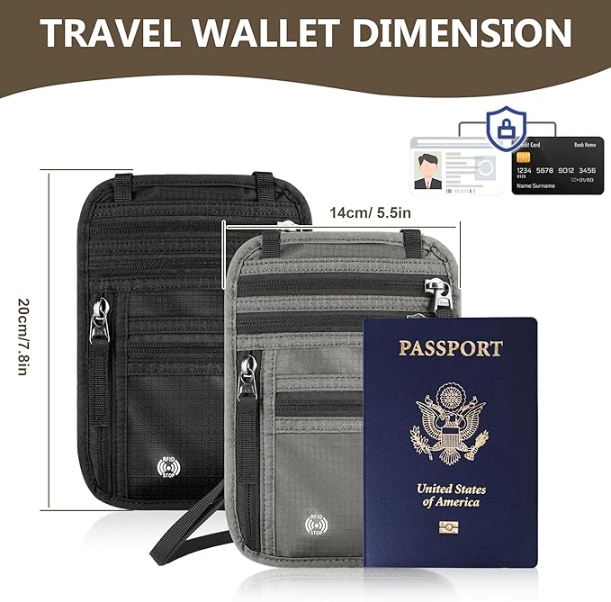 Likesing 5.5" L x 7.9" W Travel Neck Wallet, RFID Passport Pouch(Grey) | RFID Blocking Passport Holder for Travel, Security Lightweight Passport Travel Wallet, Neck Pouch Gifts for Women Men