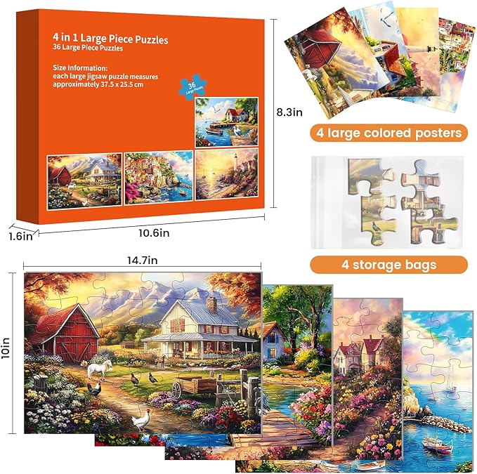 4 Pack 36 Large Piece Puzzle for Seniors Alzheimer Puzzles Dementia Alzheimer's Products Activities for Elderly Adults Lake Farm Easy Jigsaw Puzzle Memory Cognitive Games with 4 Storage Bags