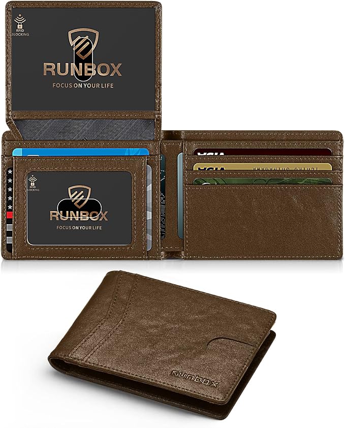 RUNBOX Wallet for Men -Slim Rfid Leather Mens Bifold Novelty Wallets 2 ID Window With Gift Box Men's Accessories | Minimalist Front Pocket Design, Holds 15 Cards, Large Capacity with Cash Pocket,Compact and Thin, Birthday Gifts for Men
