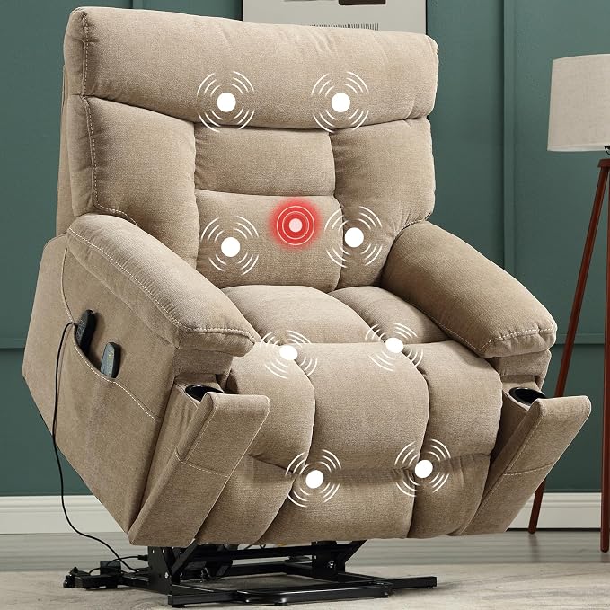 Dual Motor Power Lift Recliner Chair for Elderly, 27" Extra-Wide Seat 450 lbs Weight Capacity Infinite Position Adjustment, with Heated Massage, Cup Holders and USB Port, Camel Fabric
