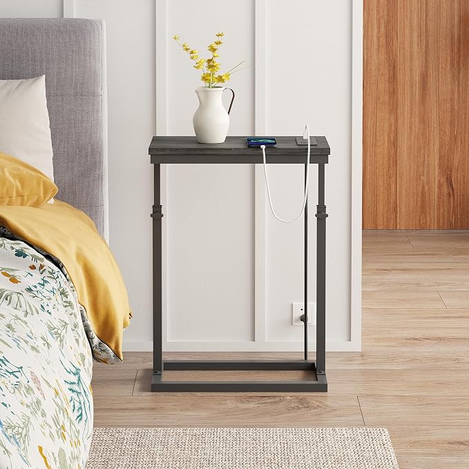 TUTOTAK End Table with Charging Station, Side Table, Tall Couch Table | Sofa Table, for living Room, Bedroom, Grey TB01BY084