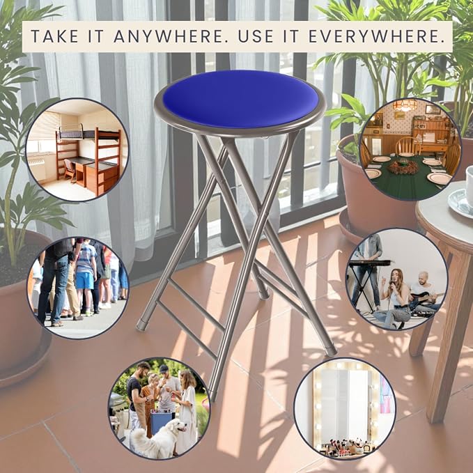 Lavish Home Folding Stool with Padded Backless Seat Set of 2, Blue, 24” | Counter Height Bar Stools with 225lb Capacity, Portable Indoor & Outdoor, Extra Seat for Kitchen, Rec Room or Camping