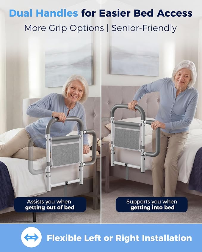 ONTHEWEI Bed Rails for Elderly Adults Safety, with Double Non-Slip Handle & Storage Pouch, Fits Most Bed Sizes, Bed Assist Rails for Seniors and Post-Surgery,Reduce Falls & Support Independence