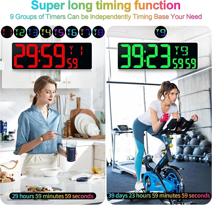 17.2" Large Digital Wall Clock 10 RGB Colors 9 Group Timer Remote Control | Large Display for Living Room Classroom Garage LED Wall Clock with Temperature Date Week Auto DST Gift for Senior Mom Dad