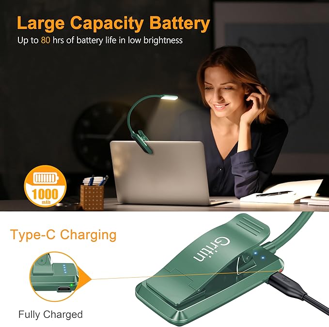 Gritin 9 LED Rechargeable Book Light for Reading in Bed | Eye Caring 3 Color Temps,Stepless Dimming Brightness,80 Hrs Runtime Small Lightweight Clip On Book Reading Light-Green