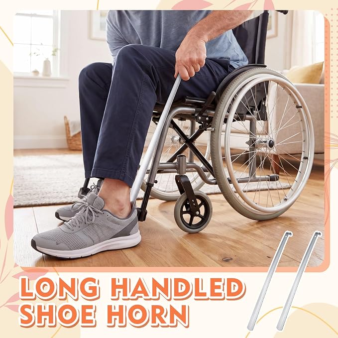 Geelin 2 Pcs 23'' Extra Long Handled Shoe Horn Metal Shoehorn for Men Women Multifunctional Stainless Dressing Stick for Elderly Disabled Limited Mobility, Standing Reach Assist for Senior (Silver)