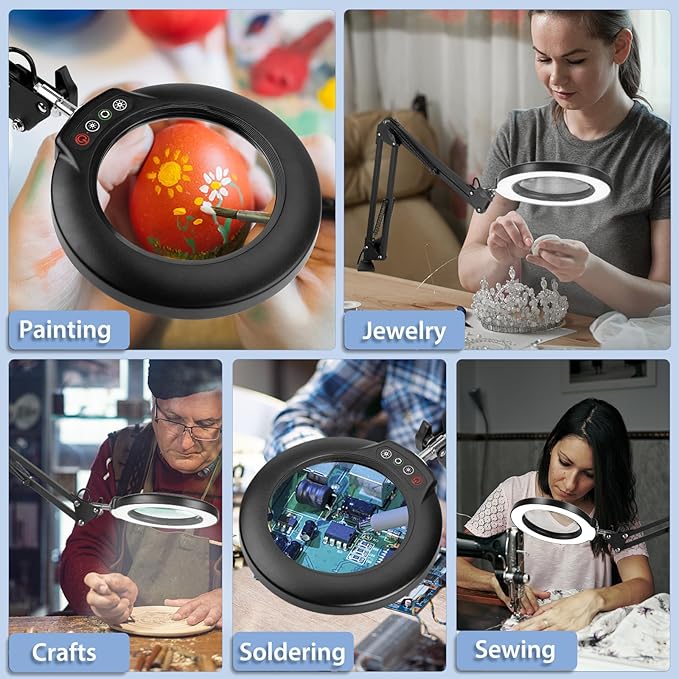 Drdefi 12X Magnifying Glass with Light and Stand, 2-in-1 Magnifying Desk Lamp Rectangular Base & Clamp, 5 Color Modes Stepless Dimmable, LED Lighted Magnifier Hands Free for Painting Sewing Craft