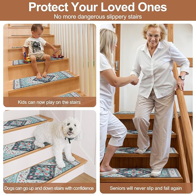 Non-Slip Stair Treads Matching Mat for Wooden Steps 31"x31" Landing Rug | Square Rubber Backing Anti-Slip Stair Carpet Landing Mat Stair Rugs Carpet for Stairs, Light Blue