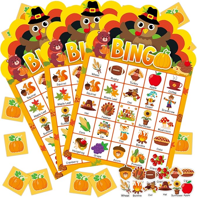 39 Pcs Thanksgiving Party Bingo Game for Adults Kids 24 Players Turkey Shaped Bingo Game Cards with Reward Stickers for Family Friends Students Large Group Activities Fall Autumn Festival Party Favors
