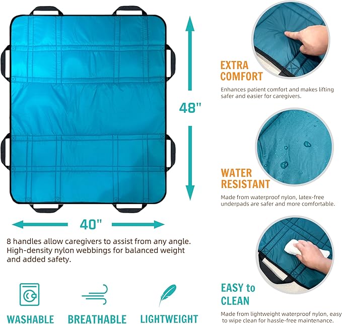 Upgraded 3-Layer Comfort Positioning Bed Pad with Handles Washable Waterproof Transfer Board for Turning Moving Patient Inconvenience Care Transfer Sheet, 48" x 40", Large, Aqua Teal