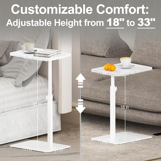 Side Table Sofa Tray for Couch Heavy Metal Base Swivel/Adjustable Height | Sofa Bed Bathroom Study TV Tray C Shaped End Table Food Snack Trays for Eating