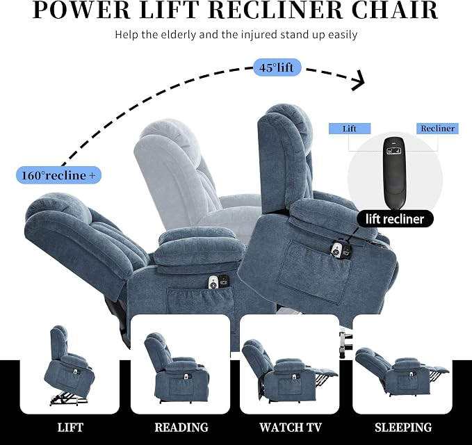 Power Lift Recliner Chair for Elderly with Massage and Heat, Recliner Chairs for Adults, Upgraded Fabric Reclining Sofa Chair with USB & Type-C Ports, L1288 (Blue)