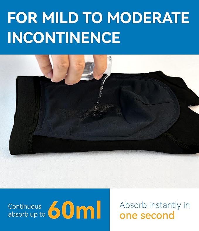 Mens Incontinence Underwear Washable Leak and Odor Protection 60ml Absorbency Covered Waistband Boxer Briefs 3 Pack (Black-Black-Gray, L)