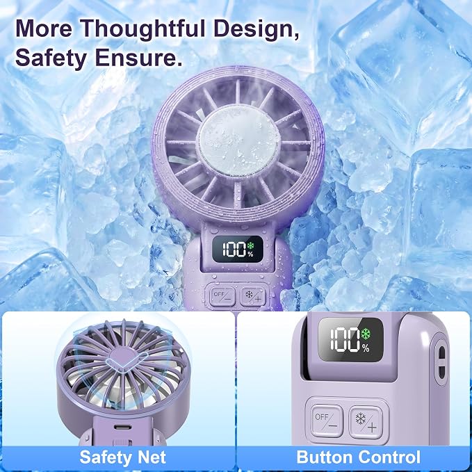 Portable Fan Handheld with Ice Cooling Rechargeable 5.5m/s Speed | 5-Speed, Independent Switch, Digital Display, Foldable Personal Fan for Travel/Concerts/Sport Events/Gifts