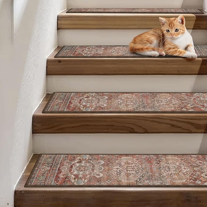 sarben 8"x30" Non Slip Stair Treads for Wooden Steps 15 Pack, Brick | Peel and Stick Carpet Stair Runner with TPE Adhesive Backing, Carpet for Added Safety, Pet and Senior Friendly