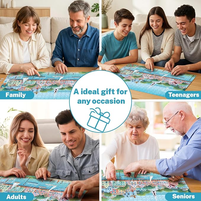 500 Piece Jigsaw Puzzle for Adults, Coastal Harbor Town | Coastal harbor town with sailboats, pastel houses, seaside views, poster, storage bag, back letters and thick cardboard