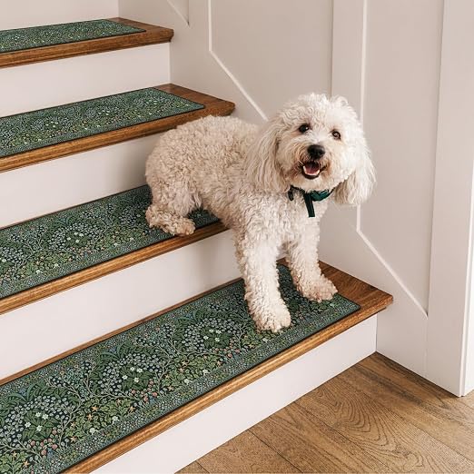 OJIA Stair Treads Non-Slip Stair Runners for Wooden Steps Indoor 4PC 30"x8" | Floral Carpet Stair Treads Stair Mats Staircase Step Treads for Kids, Elders and Dogs, Stair Covers, Green