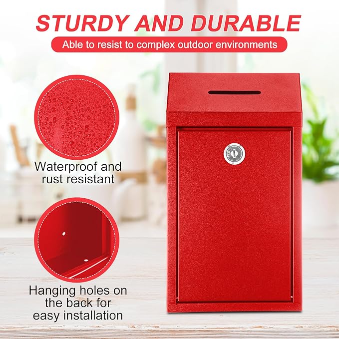 Yaocom Metal Money Box,Red,10.24 x 5.71 x 2.95 Inch,No Lid | Wall Mounted Drop Donation Cash Box for Farm Stand Collection Safe Suggestion Box with Lock Container for Home Office Outdoor