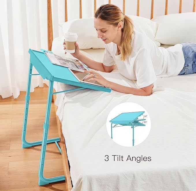 HUANUO Adjustable TV Tray Table - TV Dinner Tray with Cup Holder on Bed & Sofa, Comfortable Folding Table with 6 Height & 3 Tilt Angle Adjustments for Laptop (Azure)