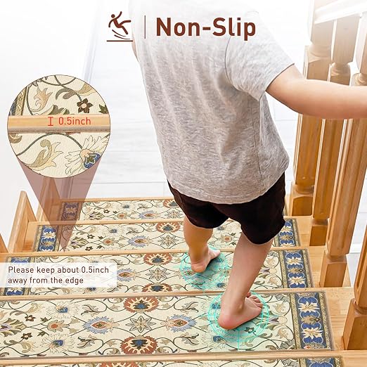 Non Slip Stair Treads for Wooden Steps, 30in x 8in Indoor Staircase Step Treads for Dogs, Reusable Stair Carpet Runner with TPR Adhesive, Oriental Design