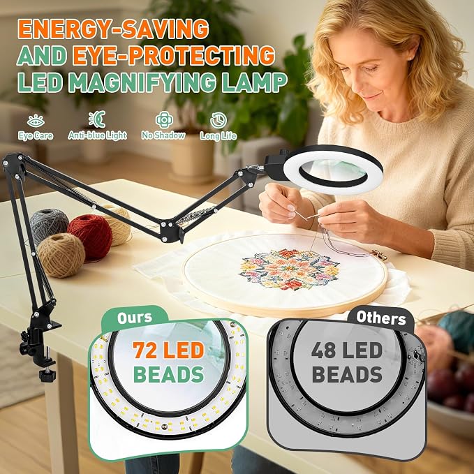 12X Magnifying Glass with Light with Clamp, 35in Extended Long Arm | Overhead Dual Knob Magnifier Lamp 4.2in Real Glass, Adjustable Color Brightness, For Workbench, Craft, Repair, Close Work
