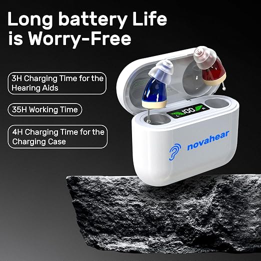 NOVAHEAR Rechargeable In-Ear OTC Hearing Aids for Seniors - Invisible Mini Hearing Amplifiers - Digital Hearing Devices with Portable Charging Case for Adults