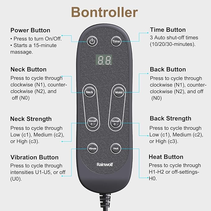 Rainwolf Shiatsu Neck and Back Massage Cushion with Heat - 4D Deep Tissue Kneading Full-Back Massager for Relief Fatigue, Adjustable Intensity & Height, for Office Chair & Home