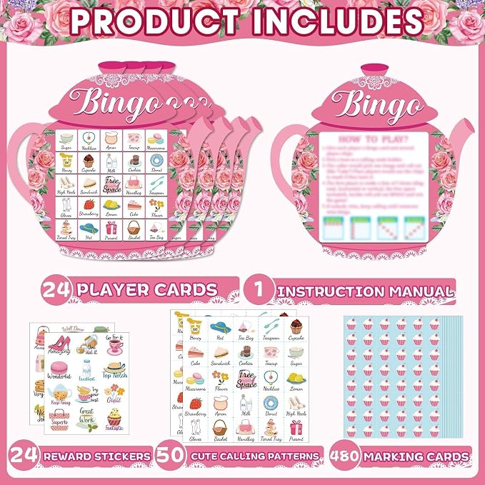 39Pcs Tea Party Bingo Game for Adults 24 Players Floral Teapot Shape Bingo Cards with Reward Stickers for Family Friend Student Large Group Activities Garden Bridal Wedding Holiday Party Favors
