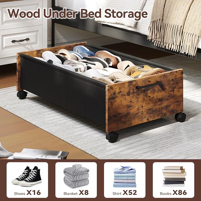 FOUCSSOMEI Under Bed Storage with Wheels, Wooden Under Bed Drawers On Wheels, Rolling Under Bed Shoe Storage, Space Saving, Rustic Brown,90L
