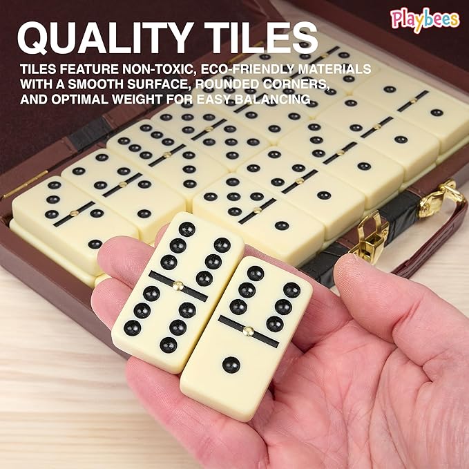 Playbees Jumbo Double Six Dominoes Set - 28 White Classic Tiles in Faux Leather Case - Fun Educational Toy for Kids, Boys, Girls, Classroom Kit, Classic Game Night Party Favors Set, Travel-Friendly