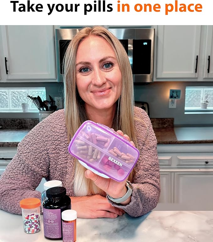 Travel Pill Organizer – Moisture-Proof Medicine Pill Organizer with Labels, 8 Compartment Pill Box Case for Vitamins & Supplements, Portable Pocket Pharmacy (Purple)