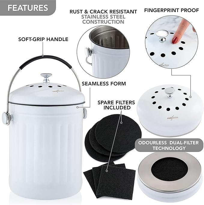 Premium Compost Bin for Kitchen Countertop - Stainless Steel Food Waste Bucket with Innovative Dual Filter Technology - Includes Spare Filters (White, 1.3 Gallon)