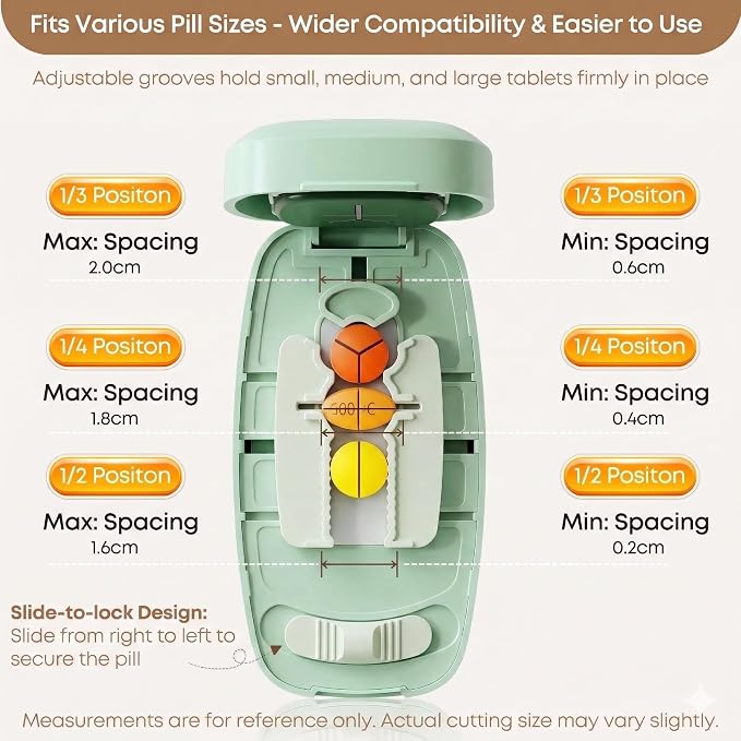 Pill Cutter for Small & Tiny Pills - Adjustable Multi-Cut Tablet Splitter (1/2, 1/3, 1/4 Cuts,) | Safe Hidden Blade & Portable Carry Around Pill Splitter for Cuting Vitamins, Tablets (Matcha Green)